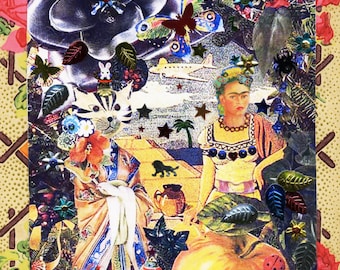 Vaya Con Dios original mixed media, collage, mixed media,Frida Kahlo, Frida, exotic garden, flowers, fruit, airplane,surreal imagery,surreal