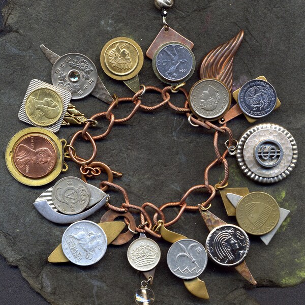 HANDMADE- CHARM- BRACELET of coins...many foreign...Coinage