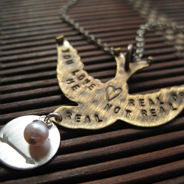 Real Or Not Real Arrow Hunger Games Inspired Hand Stamped Vintaj Brass And Sterling Silver Necklace