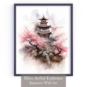 Japanese Pagoda Wall Art Minimalist Japandi Inspired Ukiyo-e Chinese Zen Feng Shui Watercolor Landscape Painting Printable Cherry Blossom