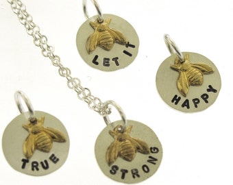 Bee Necklace, bee charms to make you smile, sterling silver and brass honey bee jewelry, hand stamped charm necklace