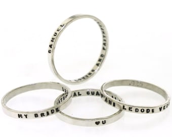 Thin Stacking Ring, custom made posey ring with your inscription hand stamped in sterling silver by Kathryn Riechert (Tiny Text)