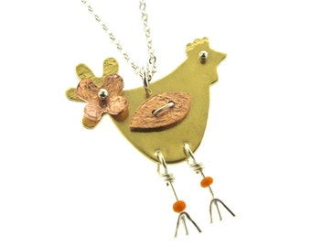 Chicken Necklace, mixed metal pendant with copper, sterling silver, and brass, chicken jewelry, chicken charm, hens and rooster