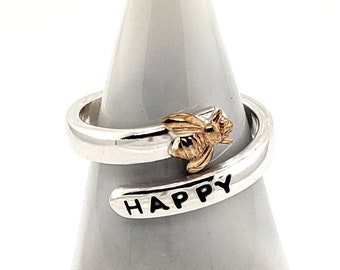 Bee Ring, adjustable hand stamped wrap ring, silver ring with brass bee by Kathryn Riechert