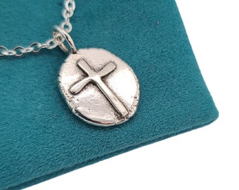 Silver Cross Pendant, Nugget Style Baptism Charm Necklace