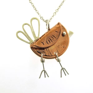 Penny Bird Necklace, sterling silver and copper penny, mixed metal bird charm, bird jewelry, coin pendant by Kathryn Riechert