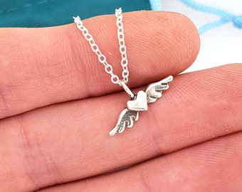 Tiny Winged Heart Necklace, Silver Heart with Wings Charm