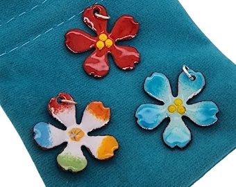 Flower Charm Pendants, Colorful Glass Flowers, Handmade Enamel Flowers