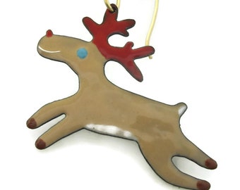 Red Nosed Reindeer Christmas Ornament, enameled holiday decor