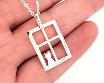 Sterling Silver Cat Necklace: Handmade Cat in Window Charm