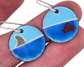 Shark Attack Earrings, Glass Enamel Earrings, Beach Earrings, Handmade