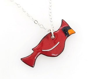 Red Cardinal Necklace, Glass Enamel Pendant, Cardinal Gifts