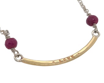 Two Tone 14k Yellow Gold and Silver Bar Necklace, Love and Rubies, Gift for Her