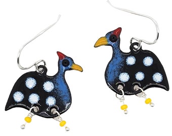 Guinea Fowl Earrings, black and white enameled jewelry, bird earrings