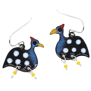 Guinea Fowl Earrings, black and white enameled jewelry, bird earrings