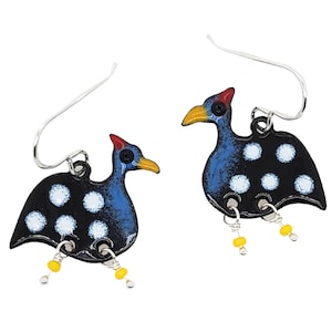 Guinea Fowl Earrings, black and white enameled jewelry, bird earrings