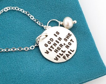 God is Within Her, She Will Not Fail,  sterling silver charm with a pearl by Kathryn Riechert