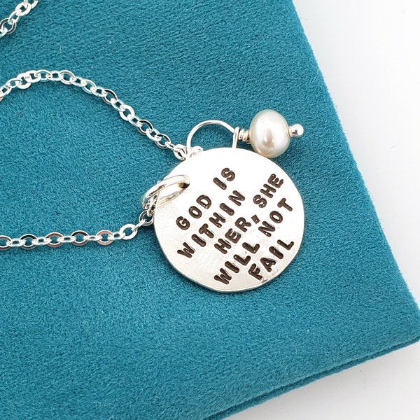 Inspirational Sterling Silver Charm Necklace, God Is Within Her, Freshwater Pearl