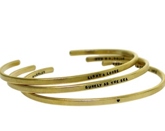 Cuff Bracelet, hand stamped message BRASS, custom made cuff, inspirational quote, mantra bracelet, gold tone bracelet (tiny text)