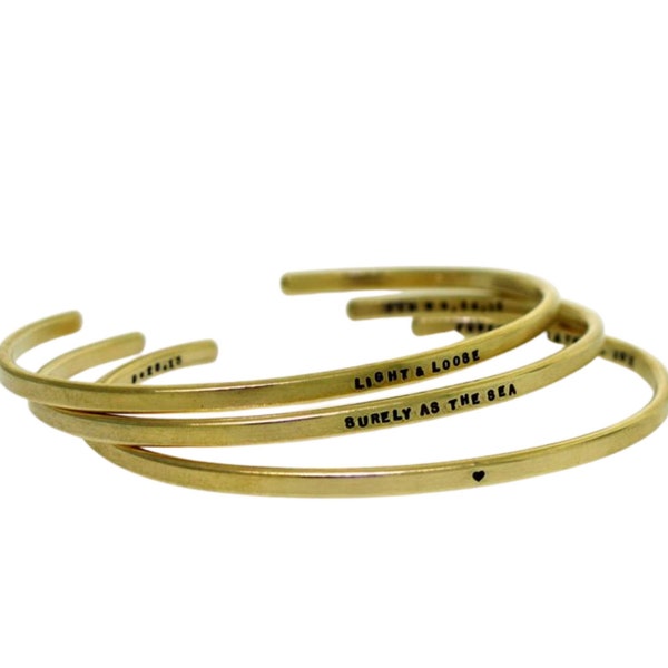 Cuff Bracelet, hand stamped message BRASS, custom made cuff, inspirational quote, mantra bracelet, gold tone bracelet (tiny text)