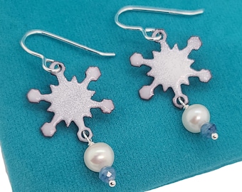 Snowflake Earrings with Pearls and Kyanite, Glass Enamel Winter Earrings
