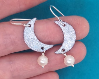 Moon and Pearl Earrings, Celestial Jewelry