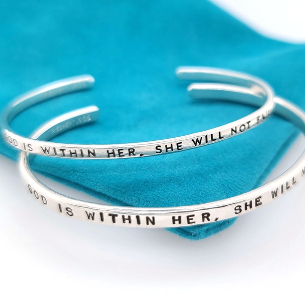 God Is Within Her, She Will Not Fail, scripture jewelry, Bible verse hand stamped on a sterling silver cuff by Kathryn Riechert