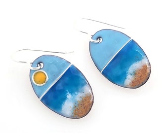 Sunrise Beach Earrings, glass enamel beach scene earrings