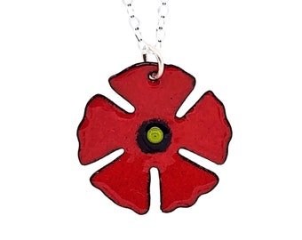 Handmade Red Poppy Necklace with Glass Enamel & Sterling Silver Chain