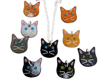 Enameled Cat Pendant Necklace: Sterling Silver Chain,  Personalized Handmade Whimsical Jewelry