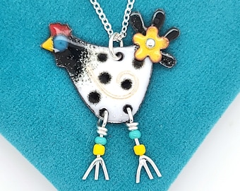 Polka Dot Chicken Necklace, colorful enameled chicken charm with black and white spots