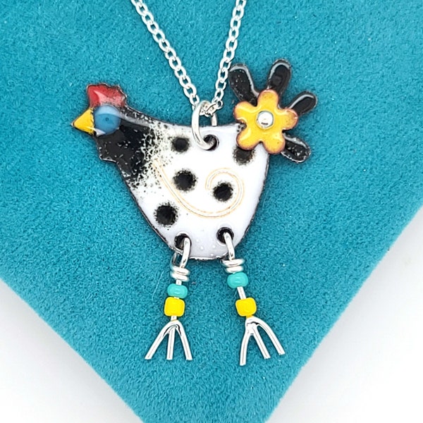 Polka Dot Chicken Necklace, colorful enameled chicken charm with black and white spots