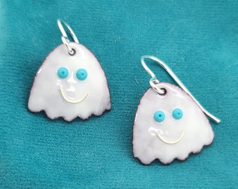 Happy Little Ghost Earrings, enameled handmade earrings for Halloween