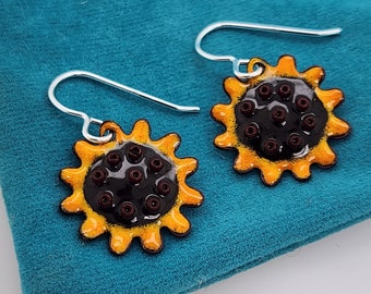 Sunflower Earrings, Whimsical Glass Enamel Jewelry