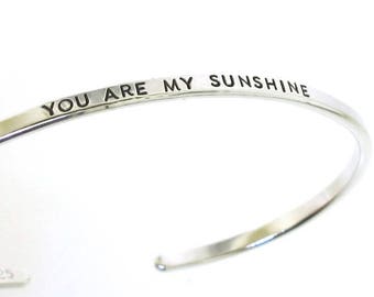 You Are My Sunshine, hand stamped sterling silver cuff bracelet, hand stamped jewelry, thin stacking bracelet by Kathryn Riechert