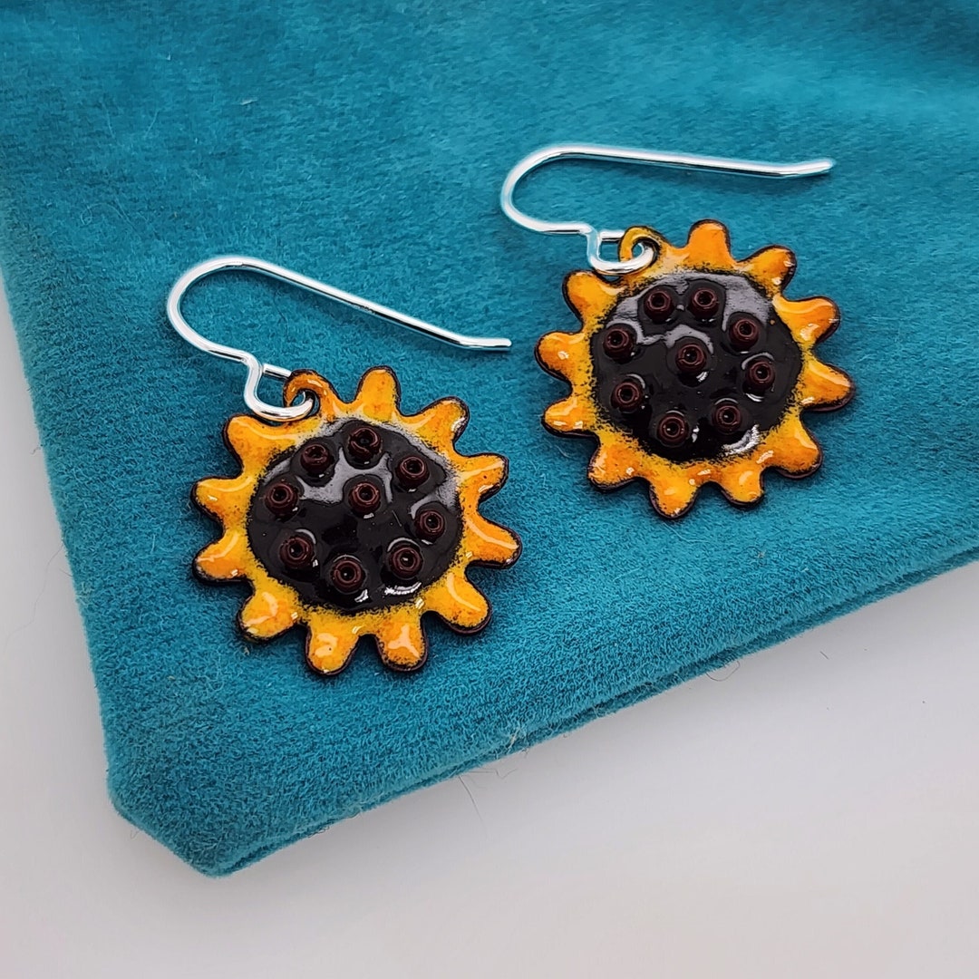 Sunflower Earrings, Whimsical Glass Enamel Jewelry Etsy