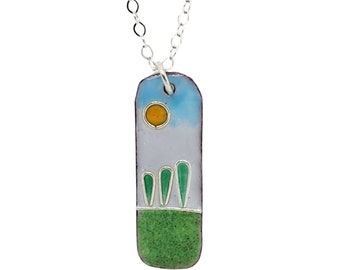 Sunshine Pendant, Handmade Glass Enamel Necklace with Landscape