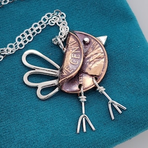 Penny Bird Necklace, sterling silver and copper penny, mixed metal bird charm, bird jewelry, coin pendant by Kathryn Riechert