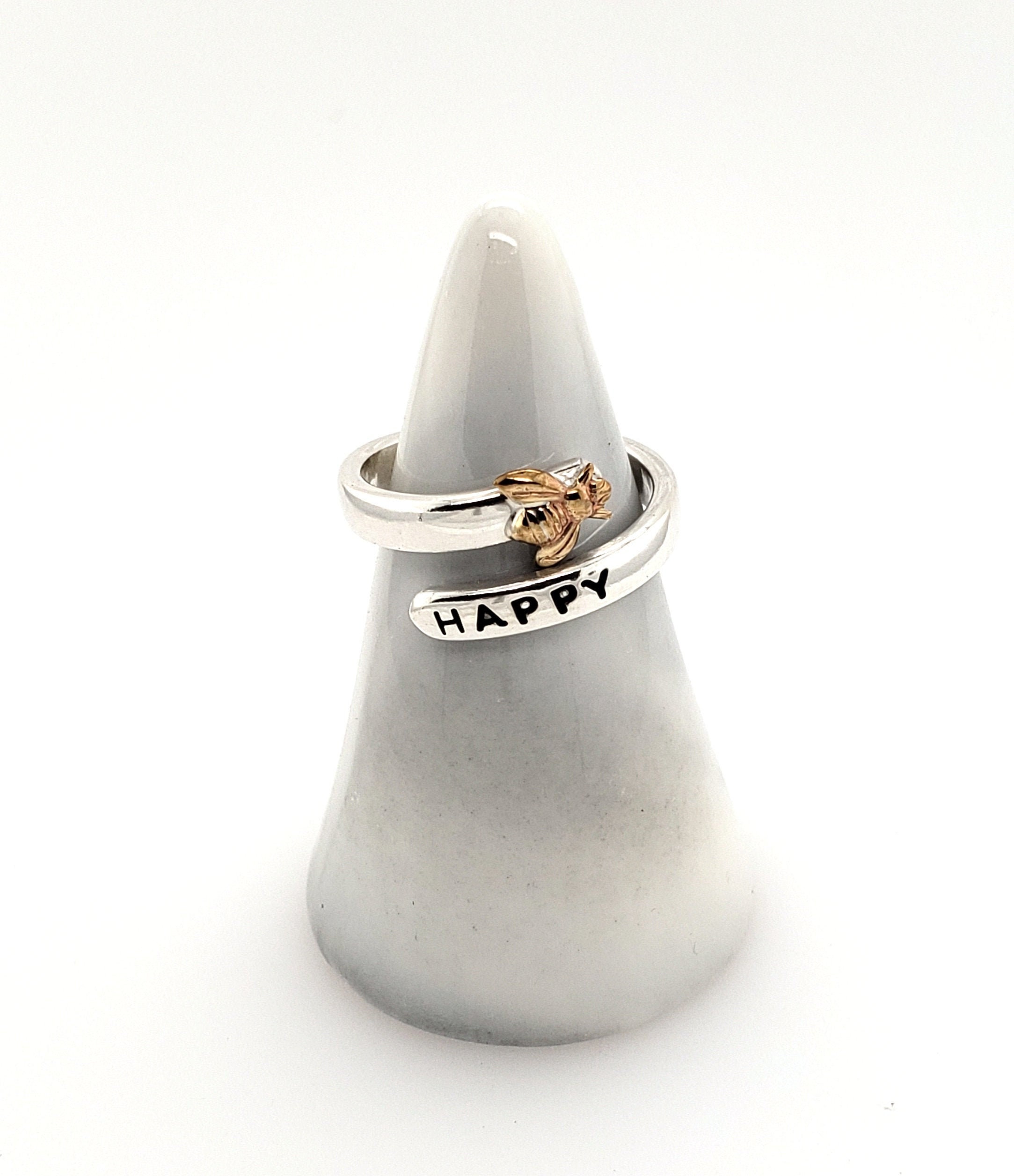 Bee Ring, adjustable hand stamped wrap ring, silver ring with brass b…