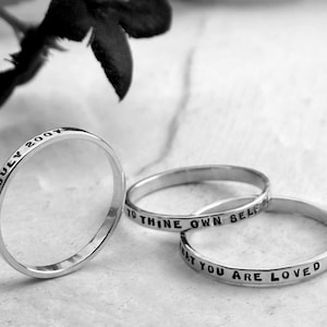 Thin Stacking Ring, custom made posey ring with your inscription hand stamped in sterling silver by Kathryn Riechert Tiny Text image 7