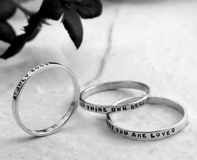 Thin Stacking Ring, custom made posey ring with your inscription hand stamped in sterling silver by Kathryn Riechert Tiny Text image 7