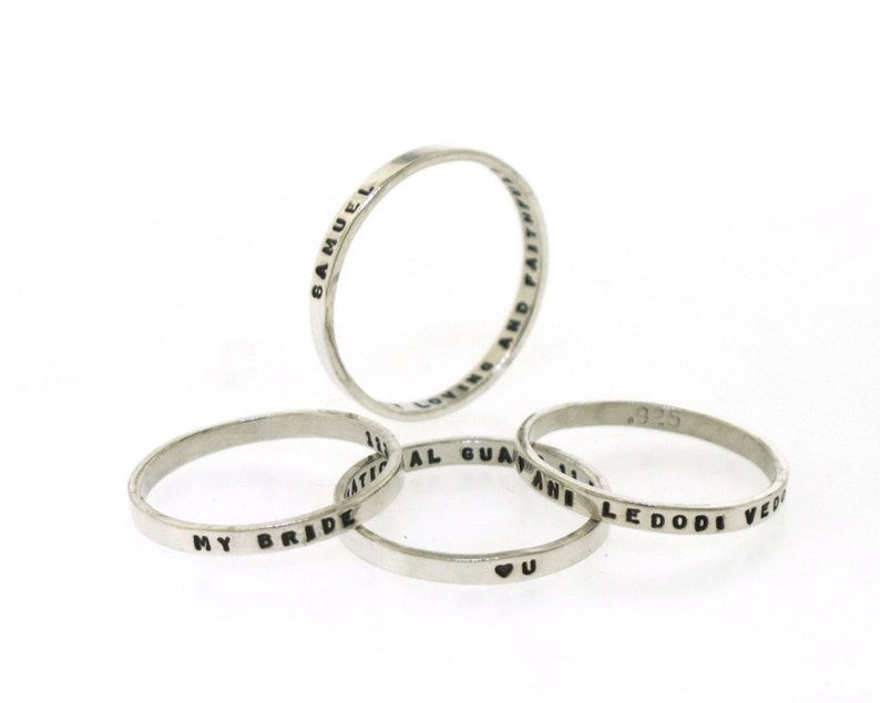 Thin Stacking Ring, custom made posey ring with your inscription hand stamped in sterling silver by Kathryn Riechert Tiny Text image 1