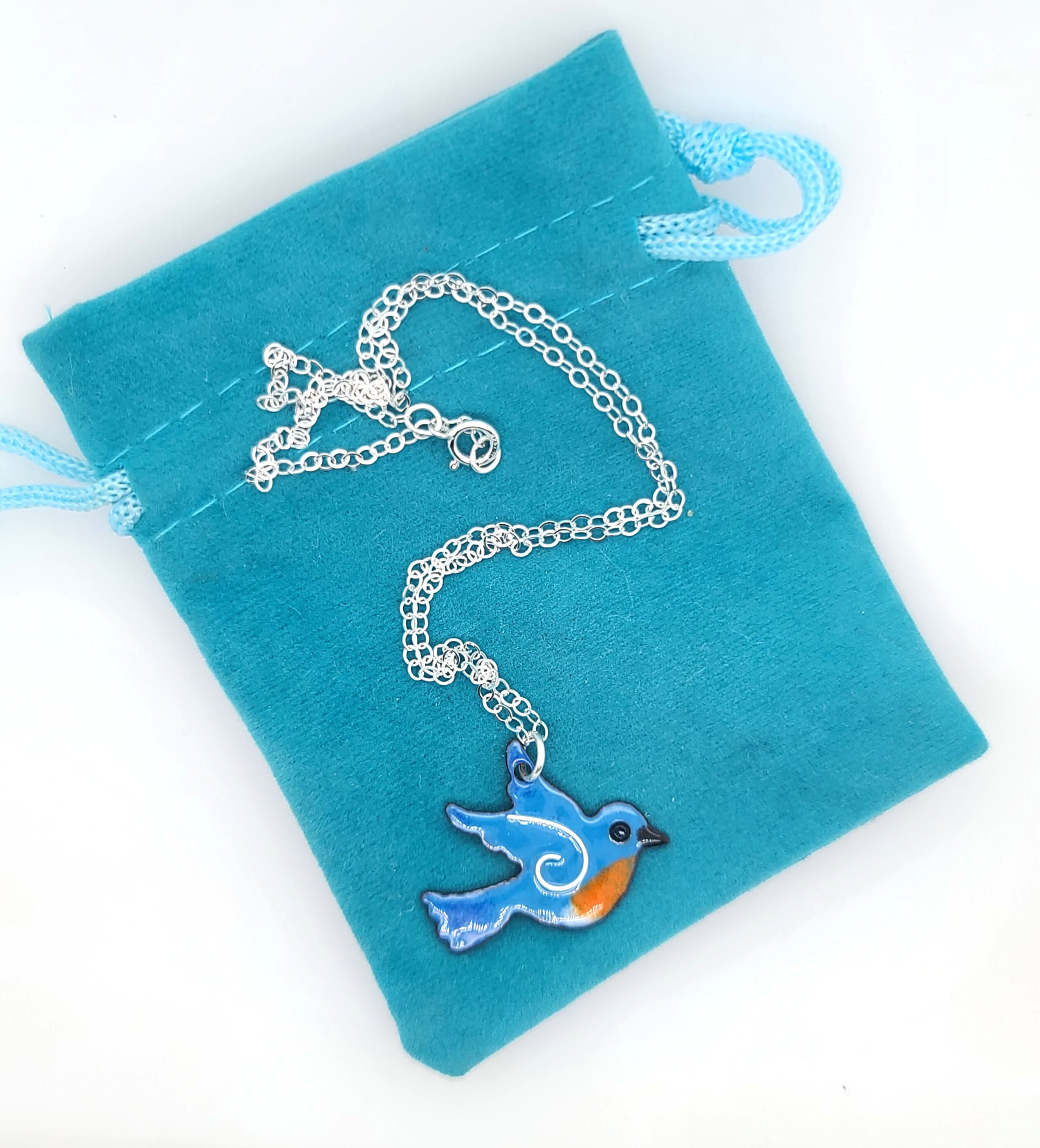 幸せの青い鳥ネックレス：エナメルバードチャーム、スターリング