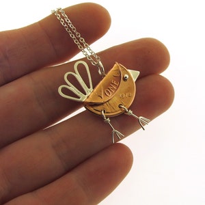 Penny Bird Necklace, sterling silver and copper penny, mixed metal bird charm, bird jewelry, coin pendant by Kathryn Riechert image 2