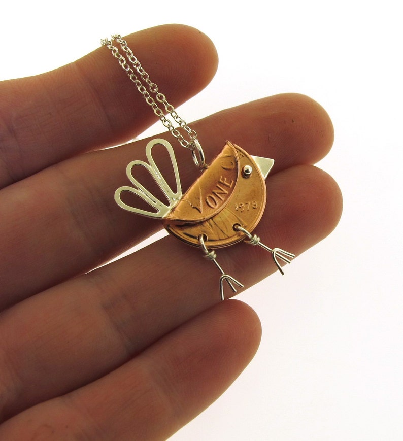 Penny Bird Necklace, sterling silver and copper penny, mixed metal bird charm, bird jewelry, coin pendant by Kathryn Riechert image 2