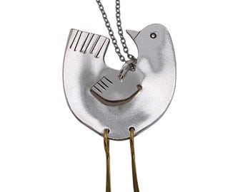 Handmade Bird Necklace – Repurposed Vintage Spoon Pendant with Brass Legs