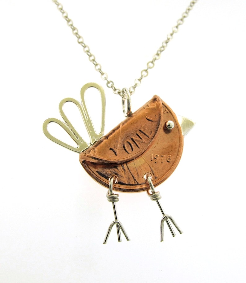 Penny Bird Necklace, sterling silver and copper penny, mixed metal bird charm, bird jewelry, coin pendant by Kathryn Riechert image 1
