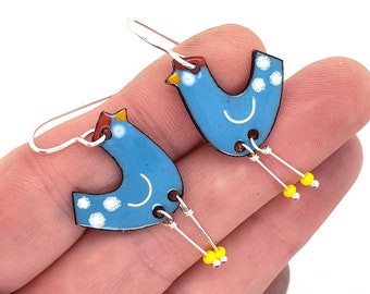 Mid Century Modern Bird Earrings, blue and white enameled chicken earrings