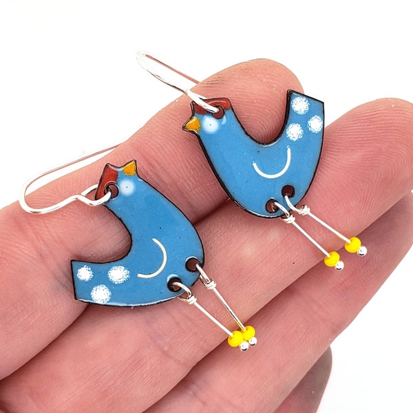 Mid Century Modern Bird Earrings, blue and white enameled chicken earrings