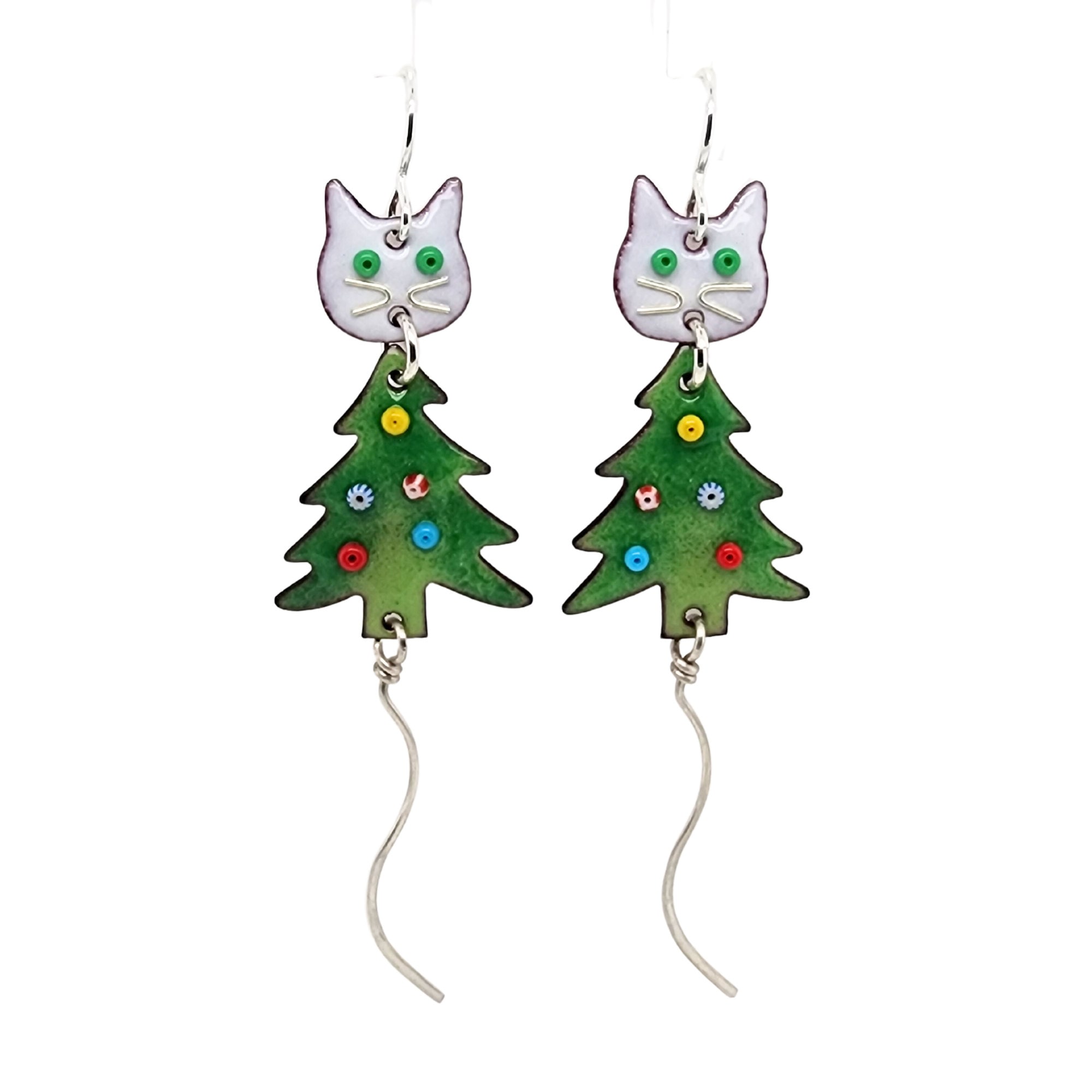 Merry Catmas Tree Earrings, Playful Cat Christmas Earrings